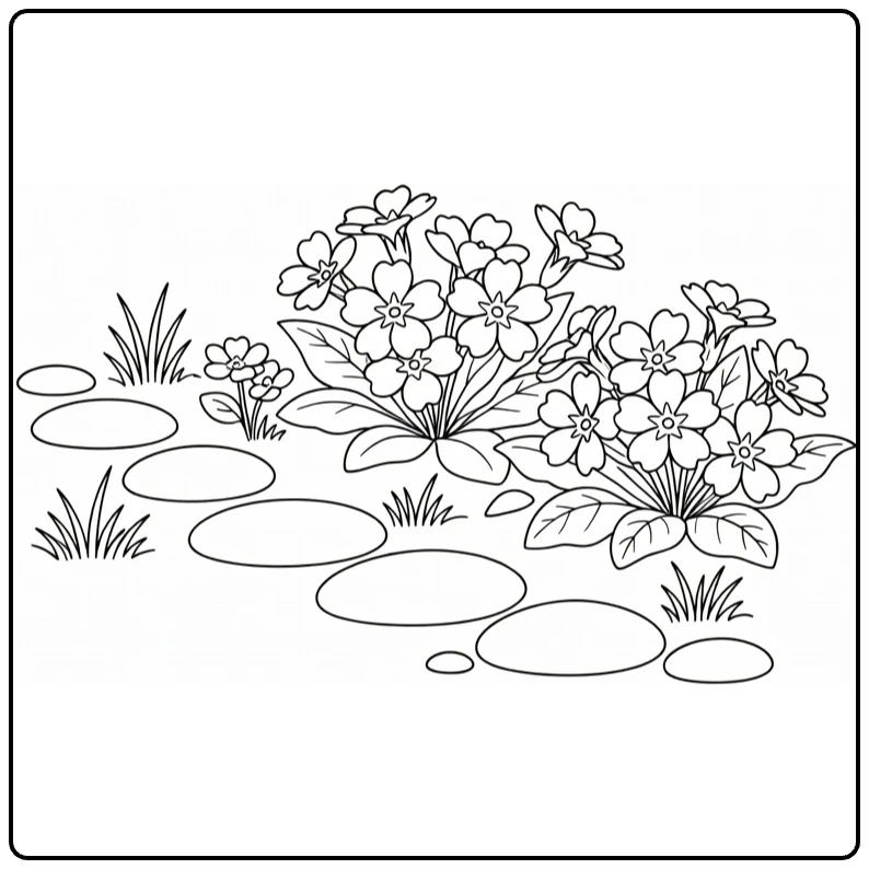 Spring garden coloring page with primroses beside a stone path