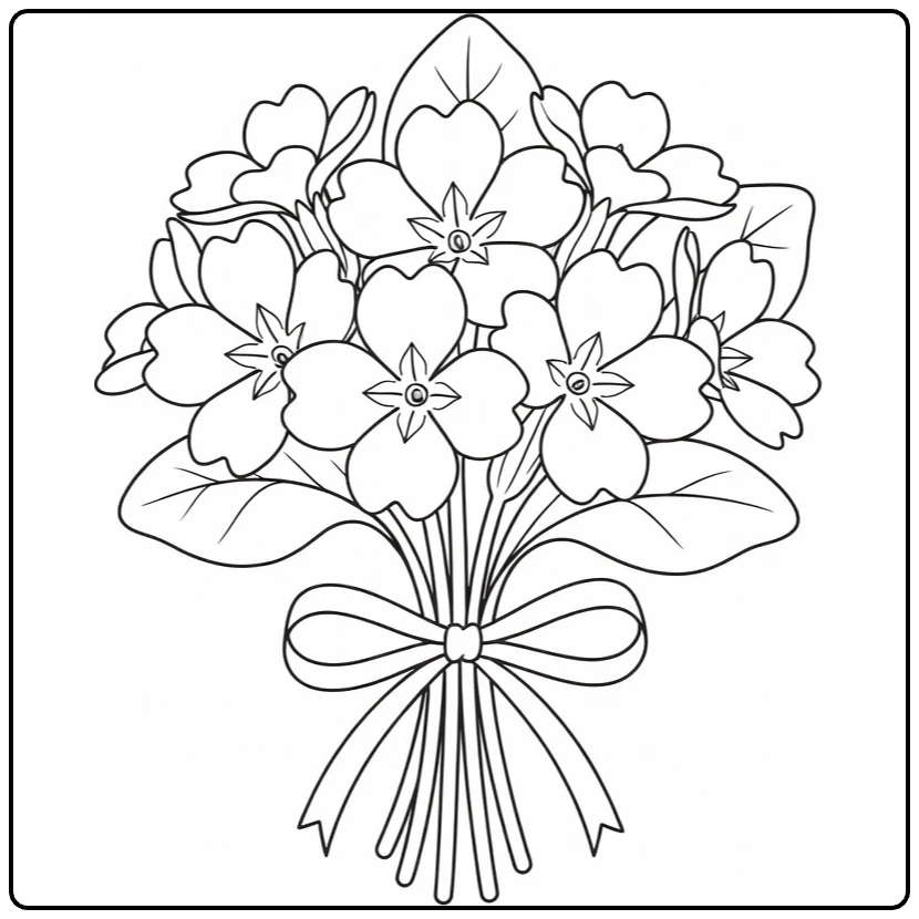 Primrose coloring page featuring a flower bouquet tied with ribbon