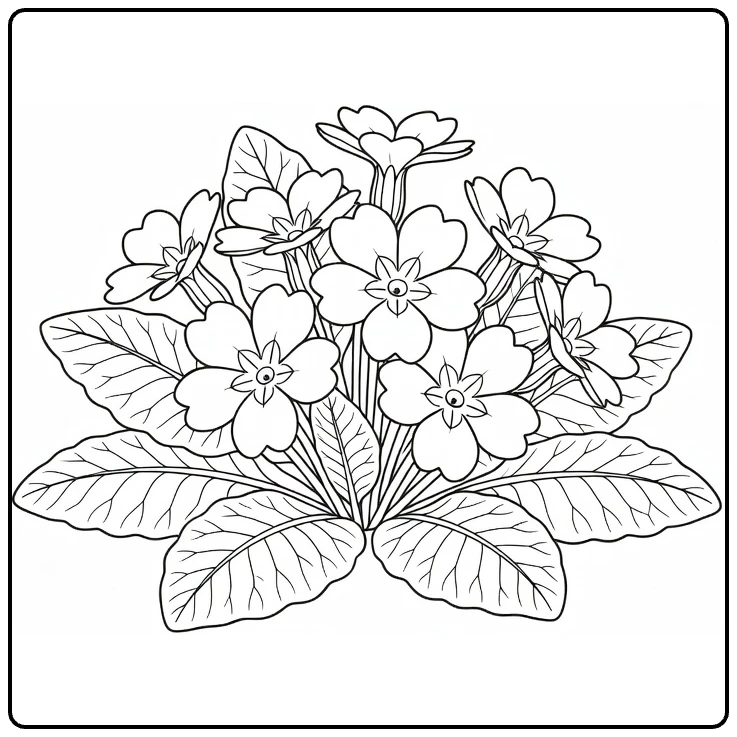 Primrose coloring page featuring rounded flowers and rosette-shaped leaves