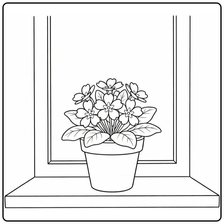 Cozy primrose coloring page showing a flowerpot on a windowsill