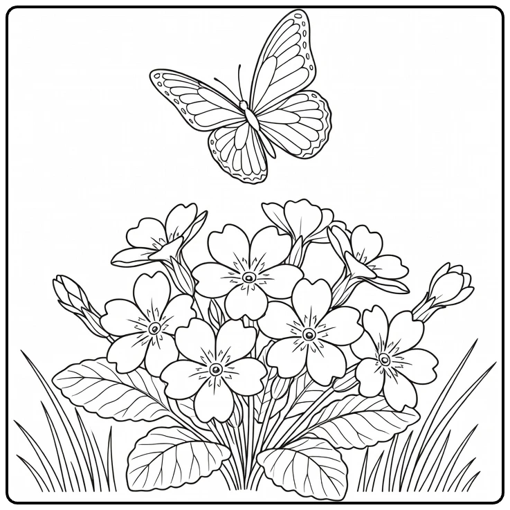 Primrose coloring page with a butterfly hovering above the blossoms