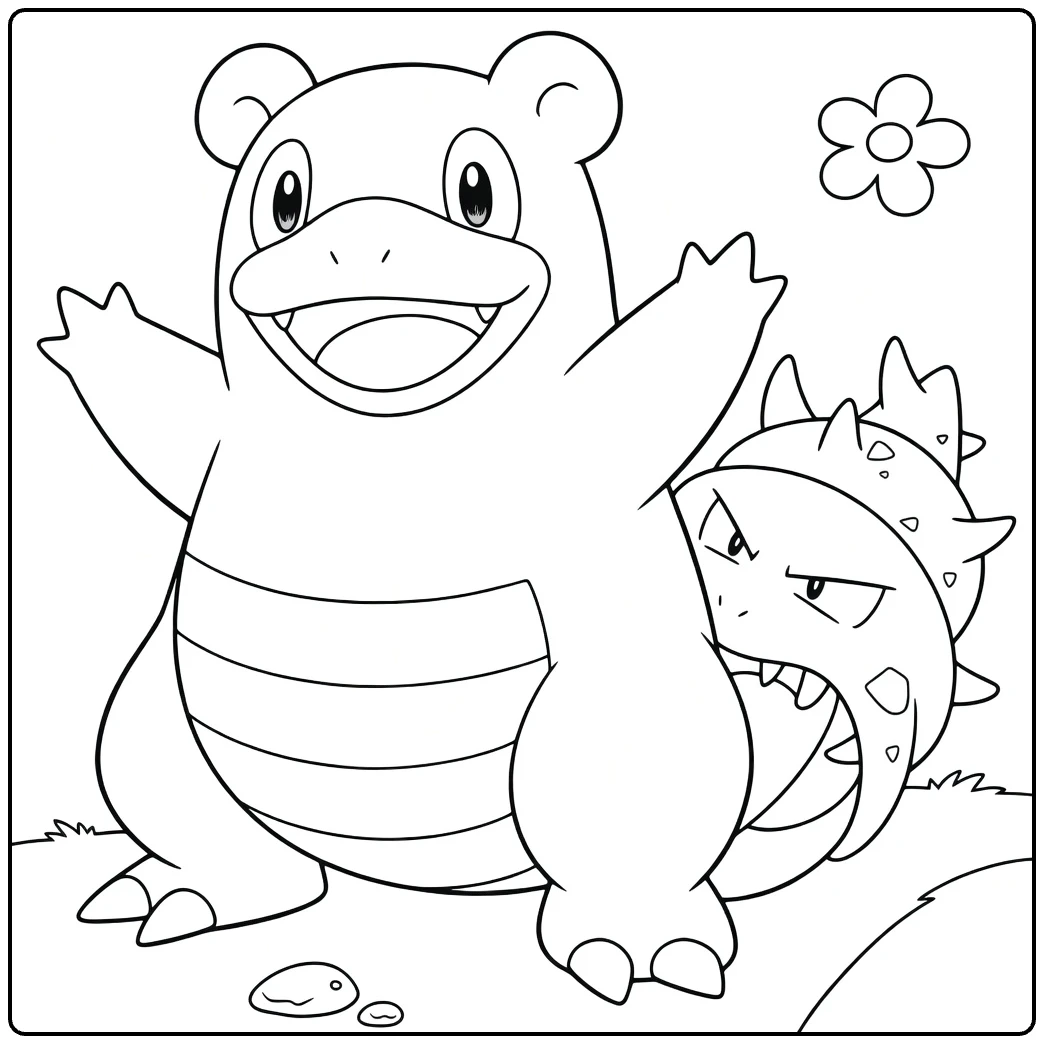 slowbro coloring page cheerful Pokemon with flower