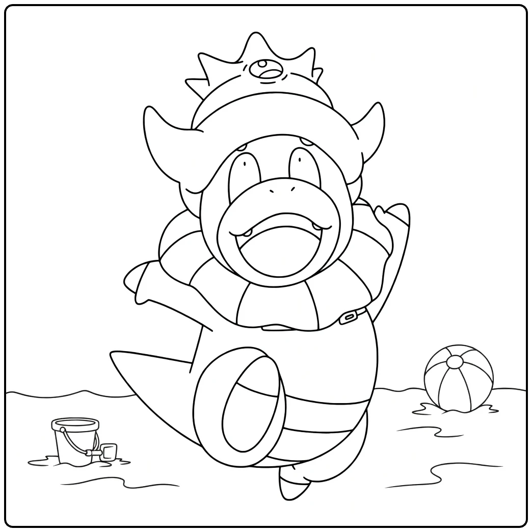 slowking coloring page cheerful on het beach