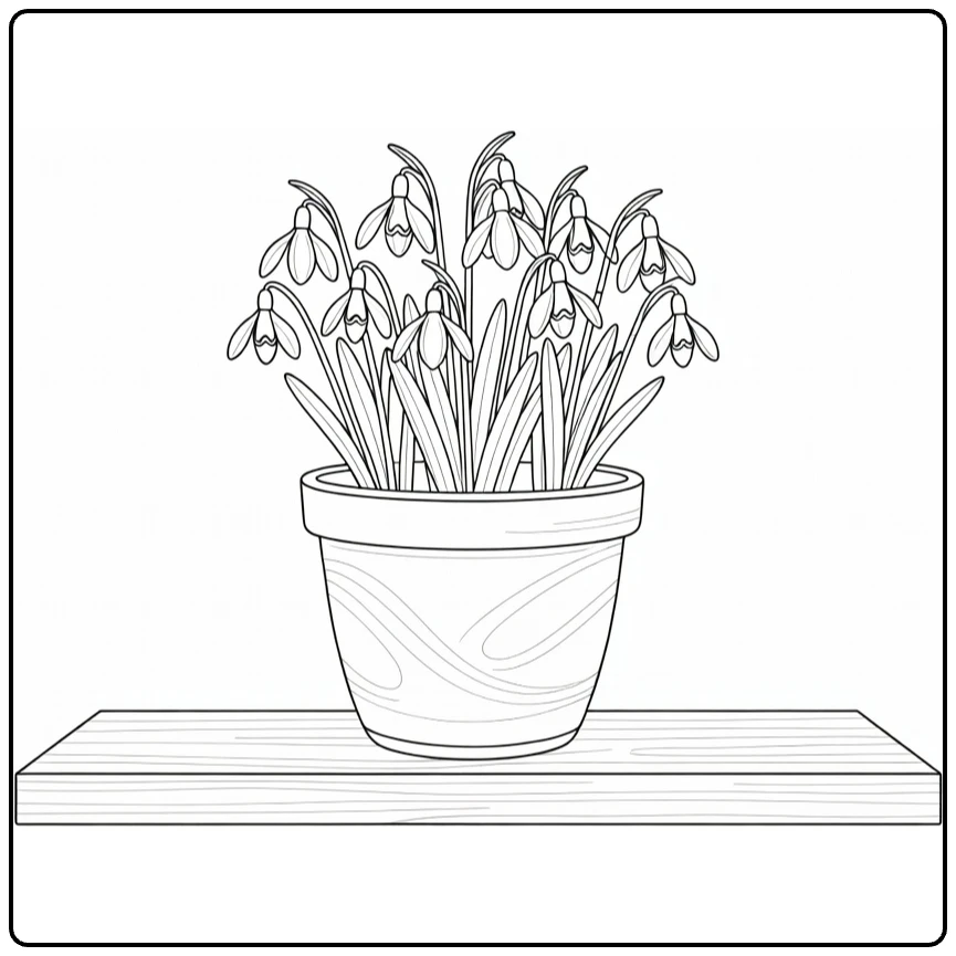 Snowdrop coloring page featuring a pot of flowers on a windowsill