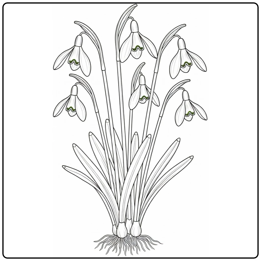 Botanical snowdrop coloring page with bulbs, roots, stems, and flowers