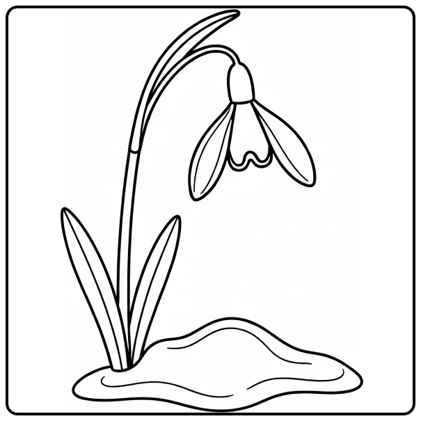 Snowdrop coloring page showing a hanging flower above melting snow