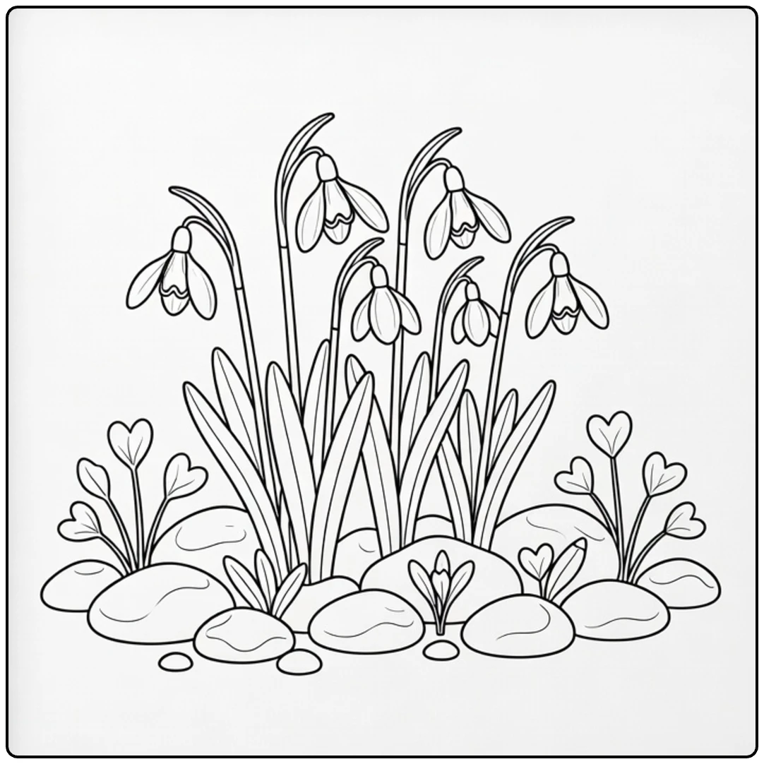 Snowdrop coloring page showing flowers among pebbles in a spring garden