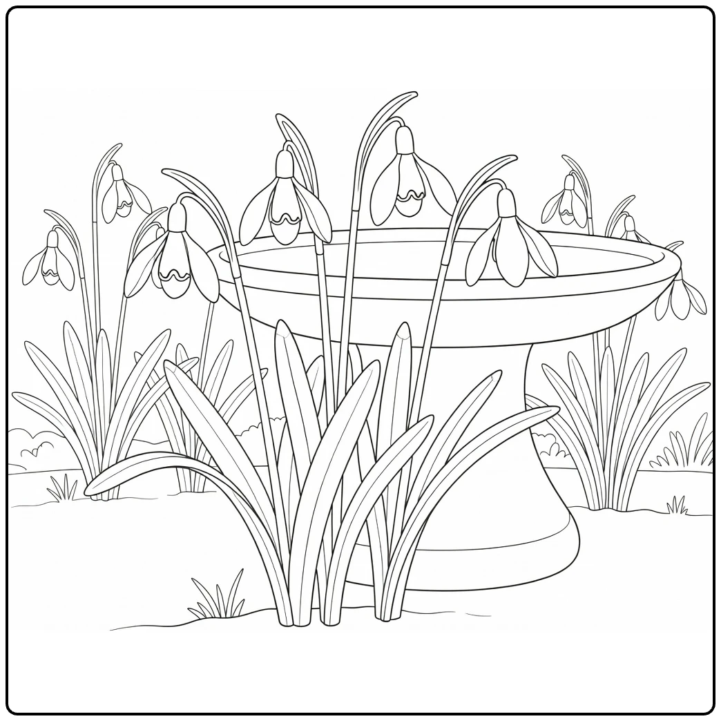 Snowdrop coloring page featuring flowers around a garden birdbath