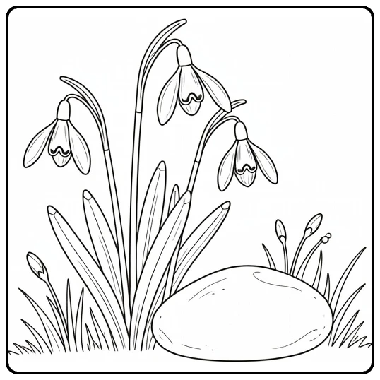 Snowdrop coloring page featuring flowers beside a garden stone
