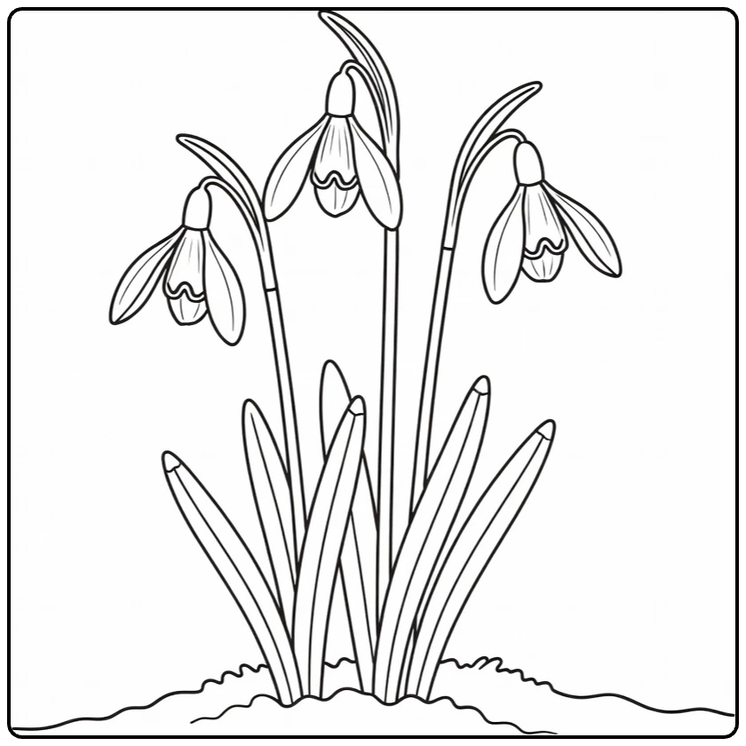 Snowdrop coloring page showing three tall flowering stems