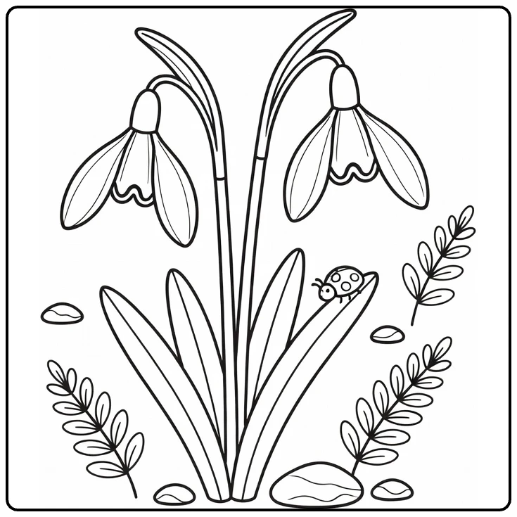 Snowdrop coloring page showing two flowers with a small ladybug