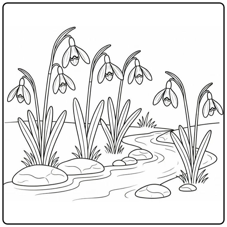 Snowdrop coloring page featuring flowers beside a garden stream