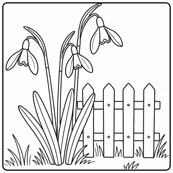 Snowdrop coloring page featuring flowers beside a wooden garden fence