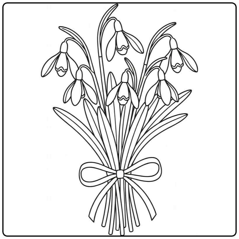 Snowdrop coloring page showing a ribbon-tied bouquet of flowers