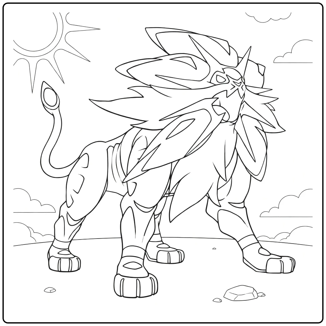 solgaleo coloring page in dynamische pose under zonlicht