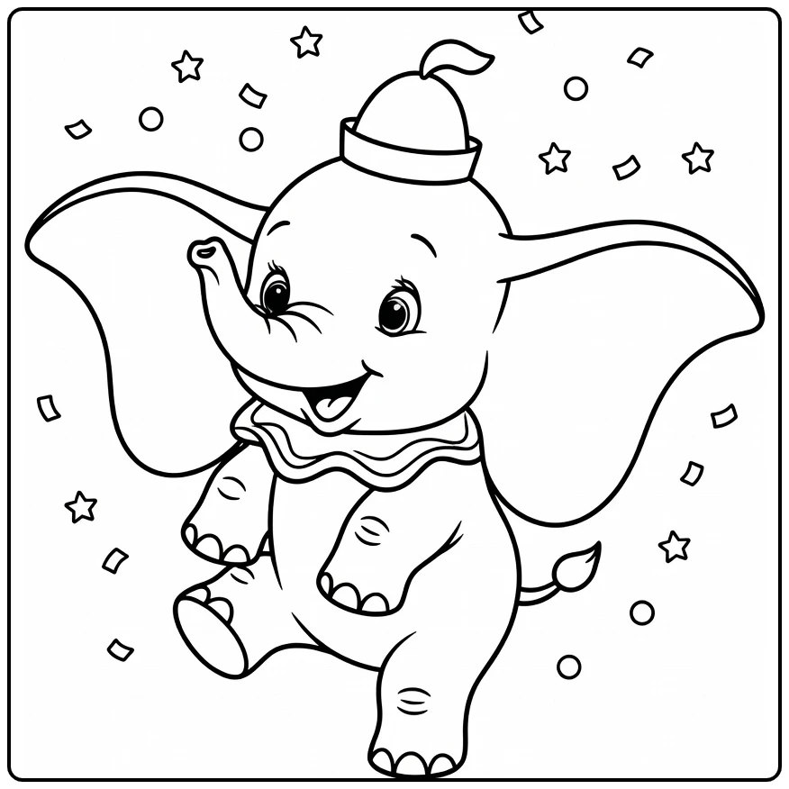 playful dumbo coloring page of dansende elephant with hoed