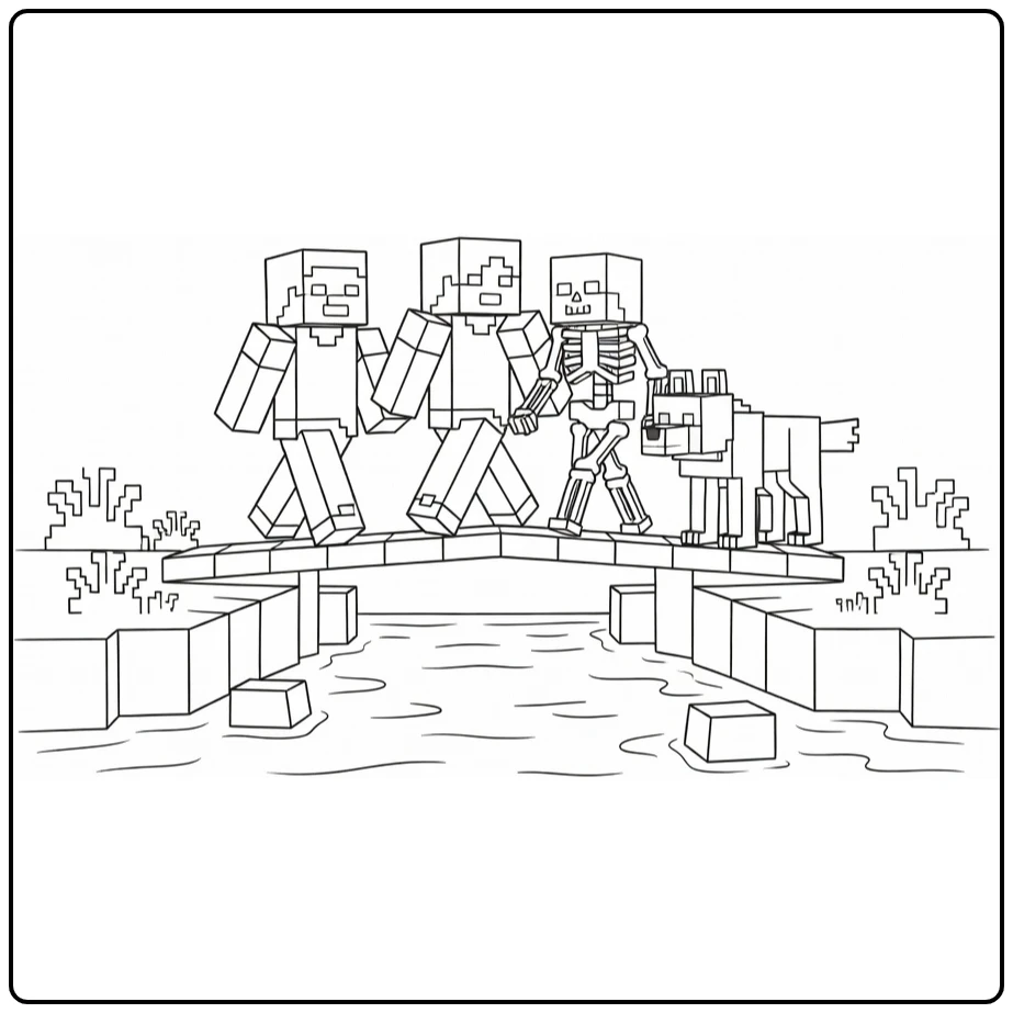 Steve Alex Skeleton Wolf on Blocky Bridge Minecraft coloring page
