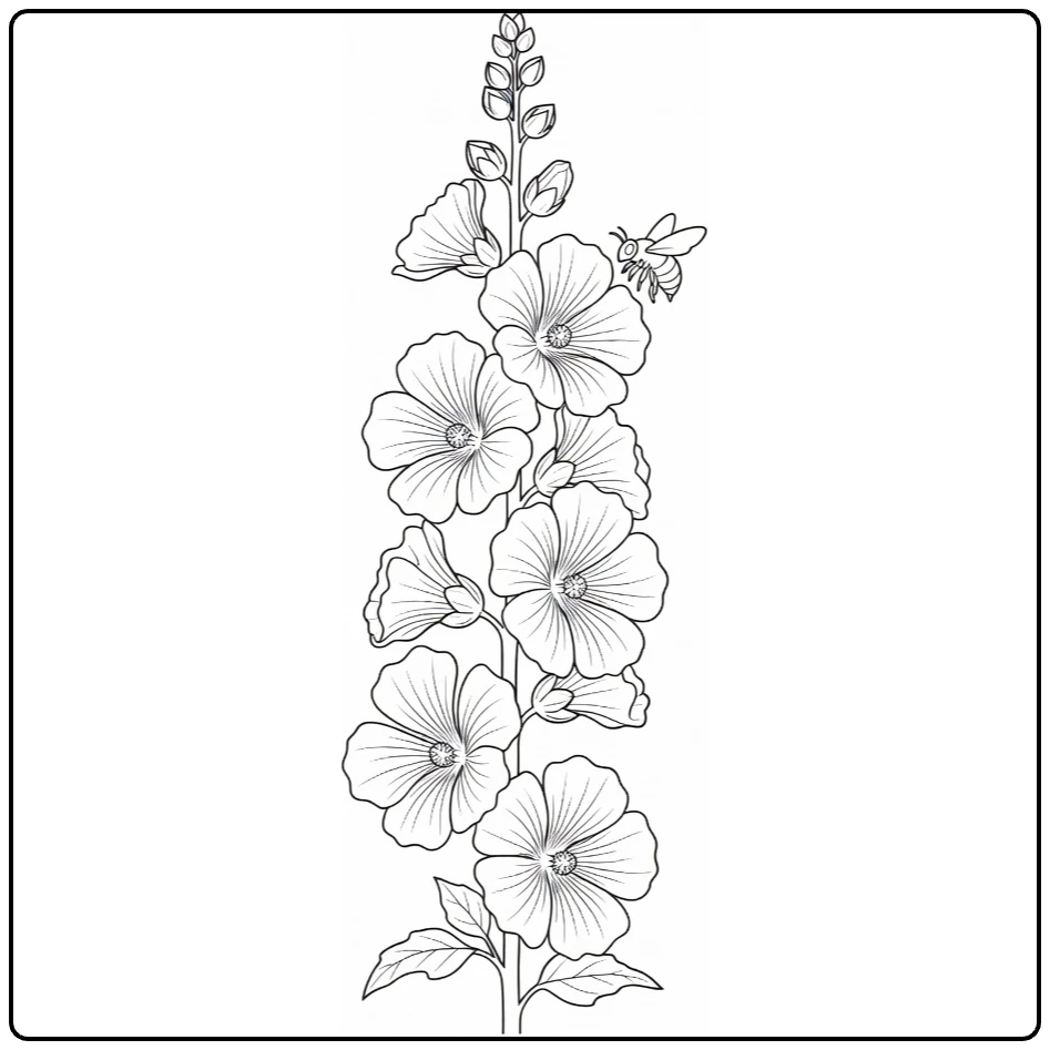 Hollyhock coloring page showing a bee near the flowers
