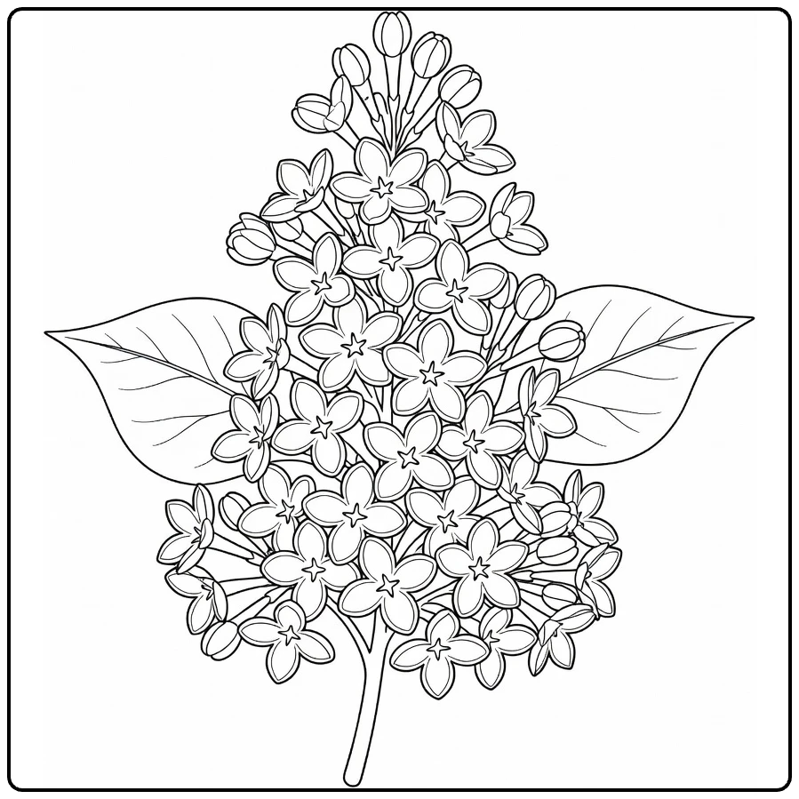 Close-up lilac coloring page with small blossoms and leaves
