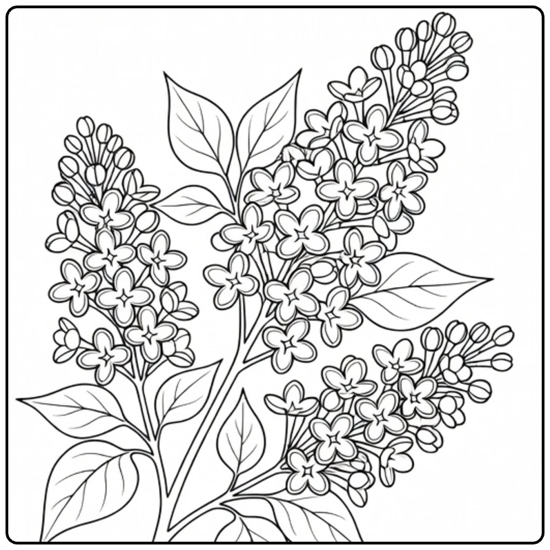 Lilac coloring page showing a flower branch on a card