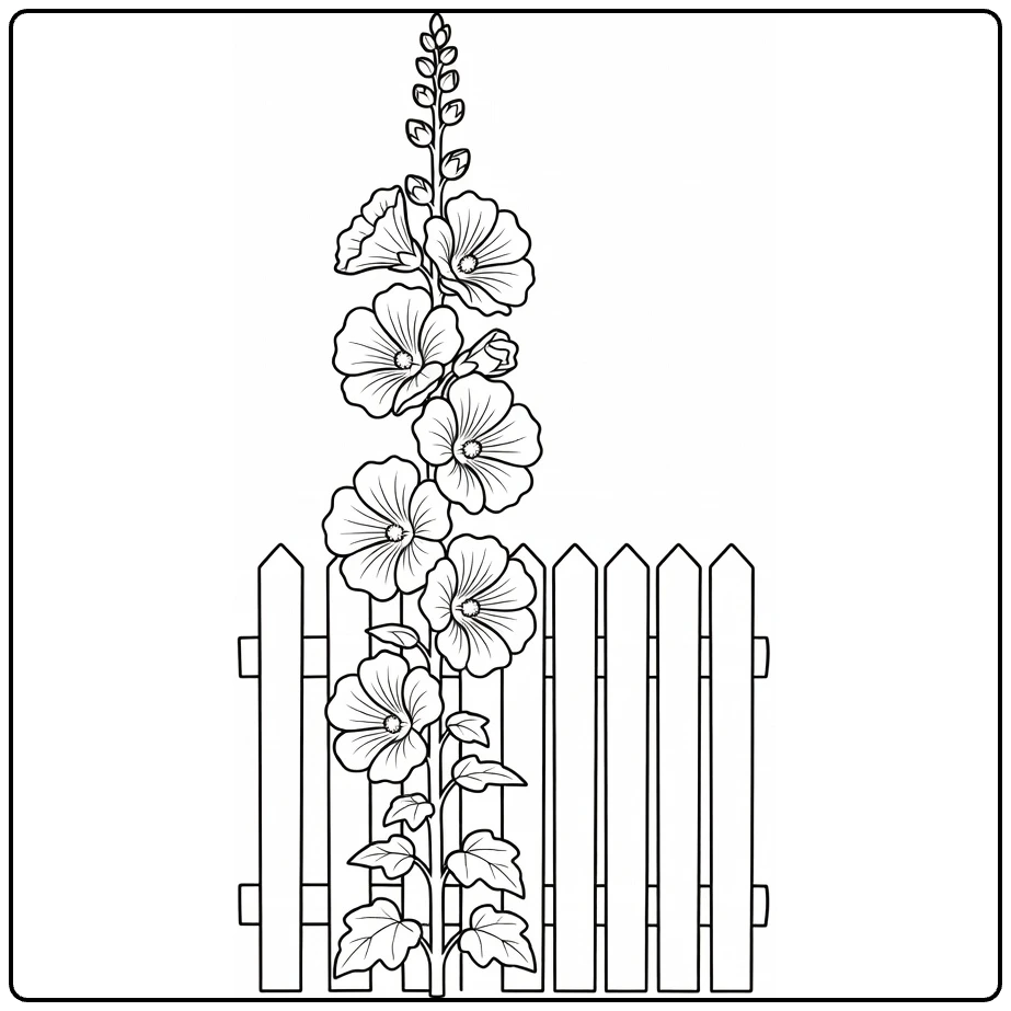 Hollyhock coloring page showing a tall flower beside a fence