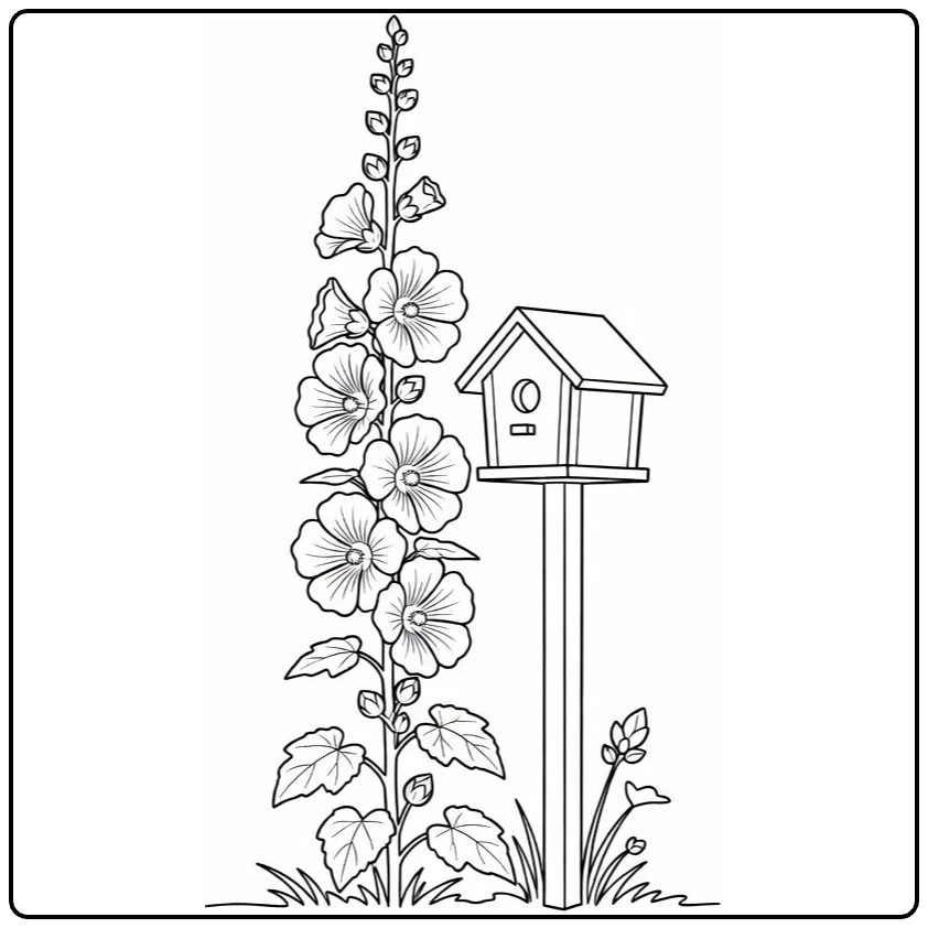 Hollyhock coloring page showing flowers next to a birdhouse