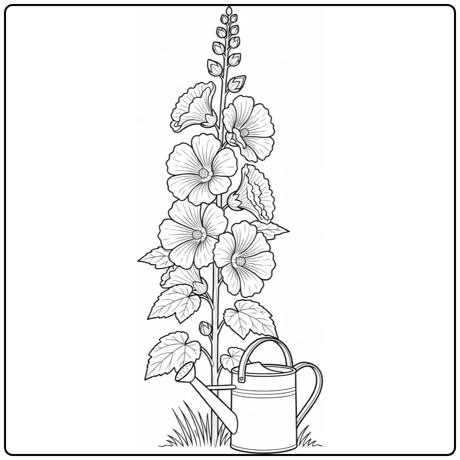 Hollyhock coloring page featuring a tall plant and watering can