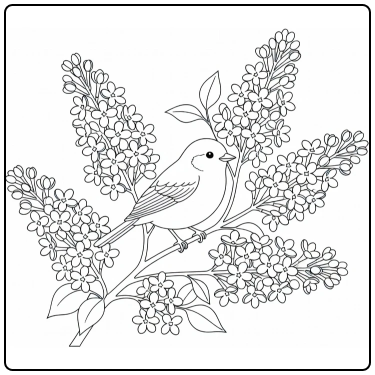 Lilac coloring page featuring a bird among flower clusters