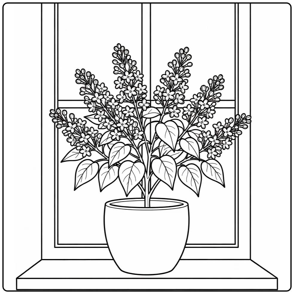 Lilac coloring page showing a flowering plant by a window
