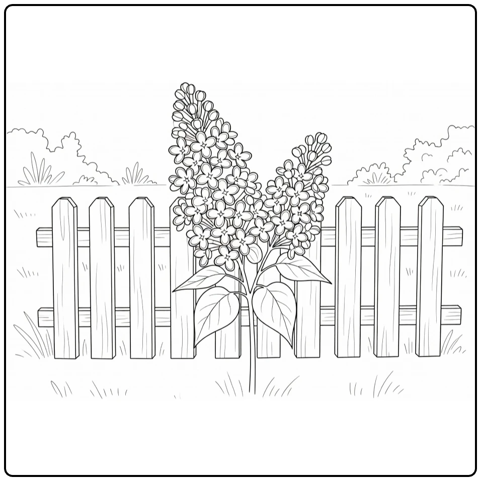 Lilac coloring page featuring flowers next to a garden fence