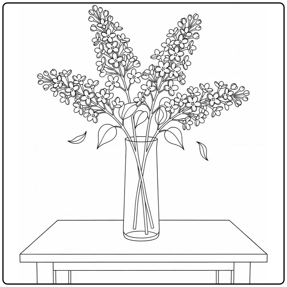 Lilac coloring page featuring flower branches in a vase