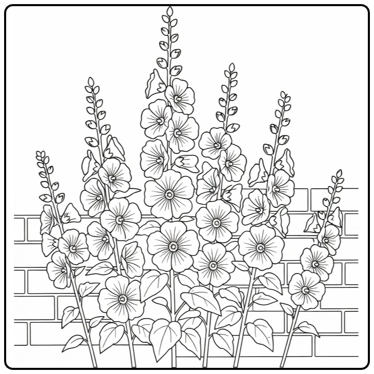 Hollyhock coloring page showing flowers near a cottage wall