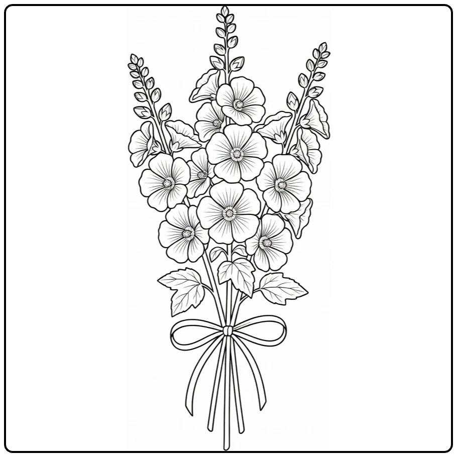 Hollyhock coloring page featuring a tall flower bouquet