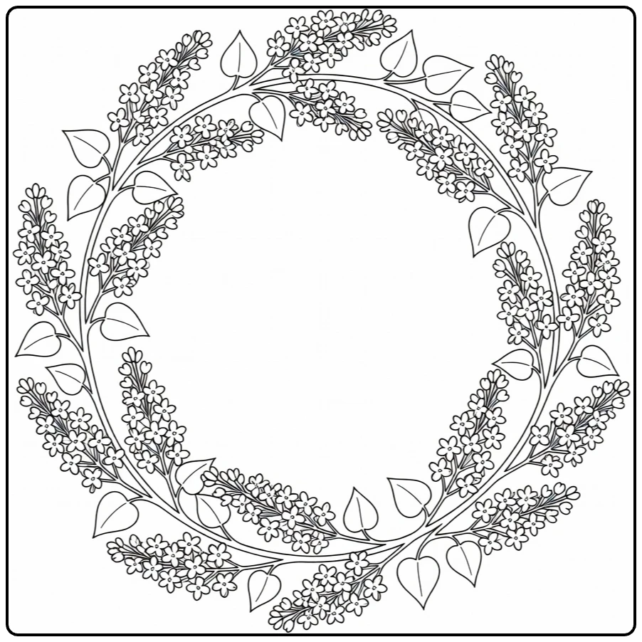Lilac coloring page showing a wreath of flowers and leaves