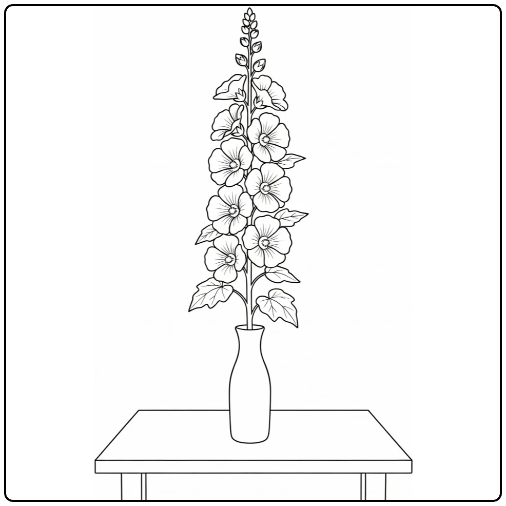 Hollyhock coloring page showing a tall flower in a vase