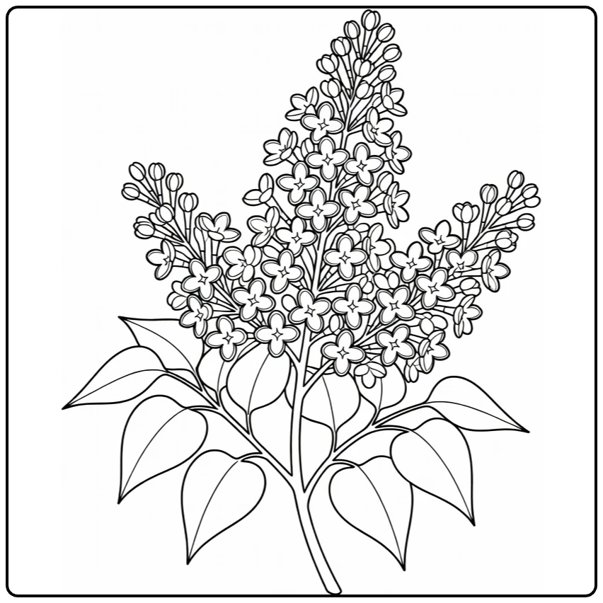 Lilac coloring page showing a flower cluster and broad leaves