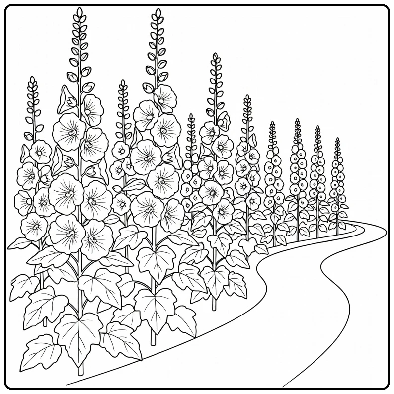 Hollyhock coloring page showing flowers lining a path