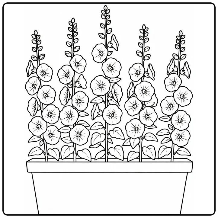 Hollyhock coloring page featuring tall flowers in a planter