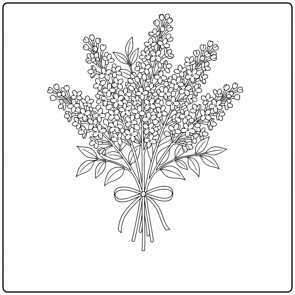 Lilac coloring page showing a bouquet tied with a bow
