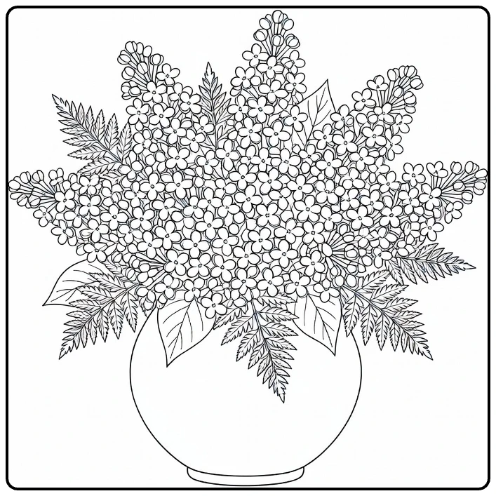Lilac coloring page featuring flowers and ferns in a vase
