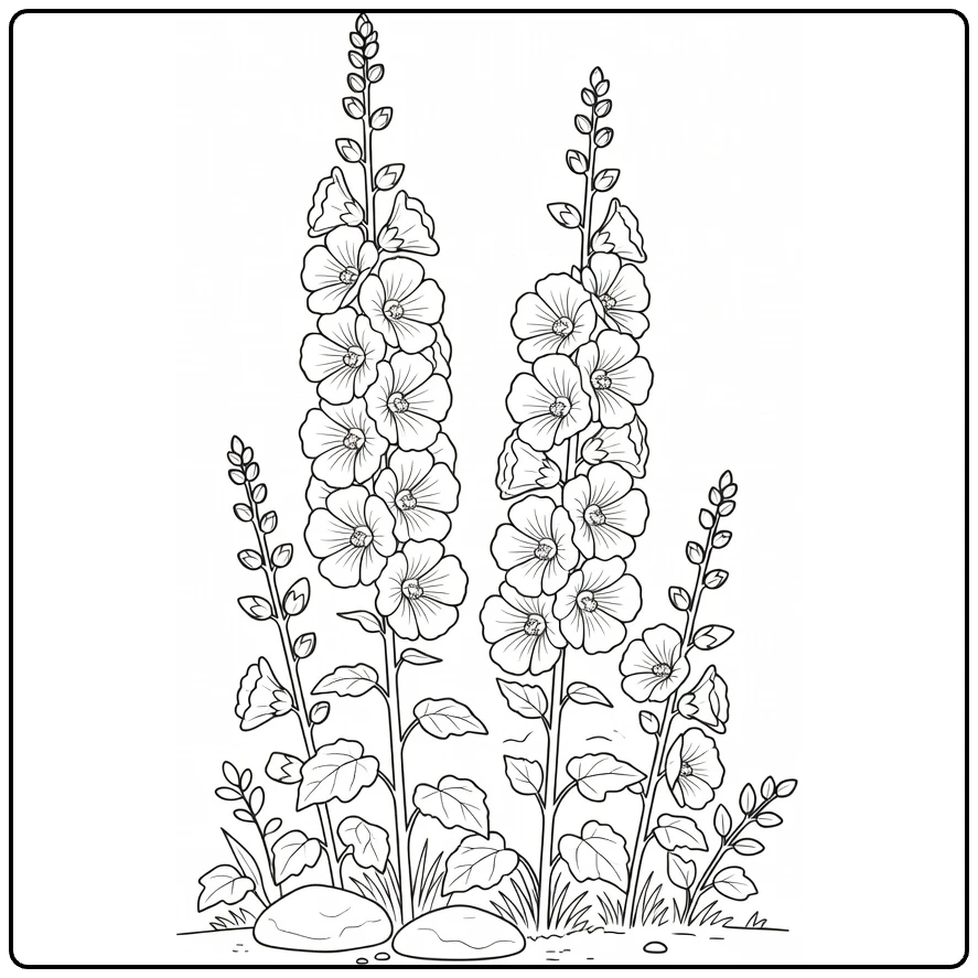 Hollyhock coloring page showing flowers in a garden bed