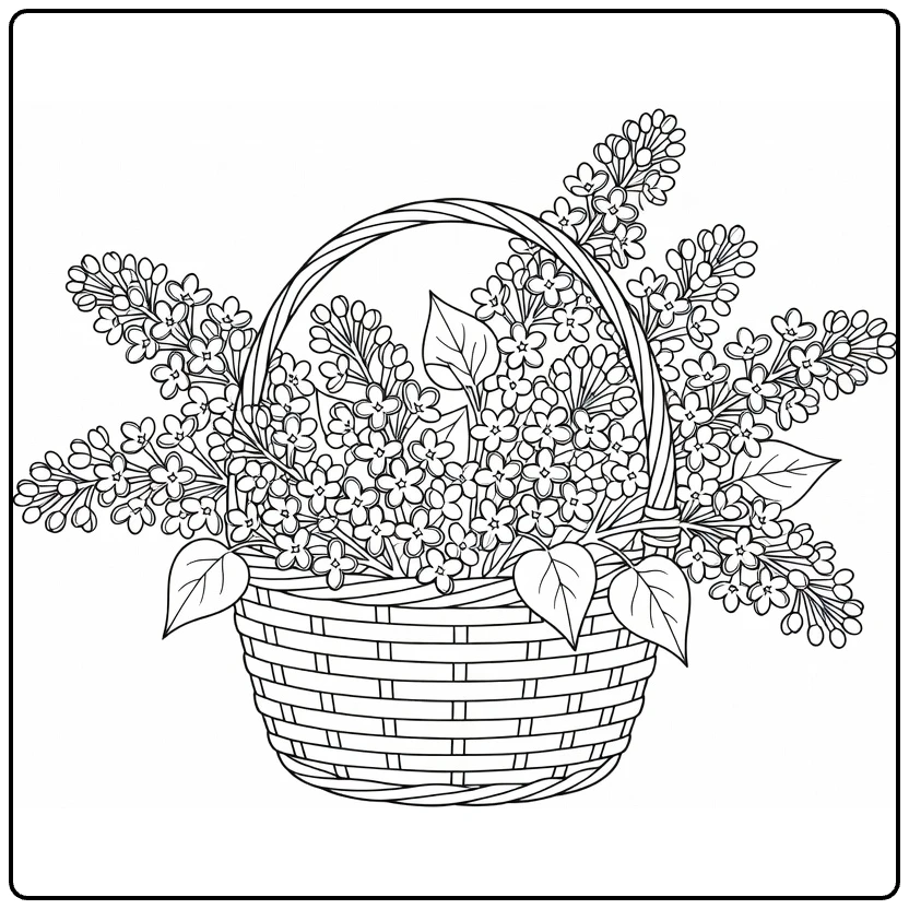 Lilac coloring page featuring a basket full of flowers
