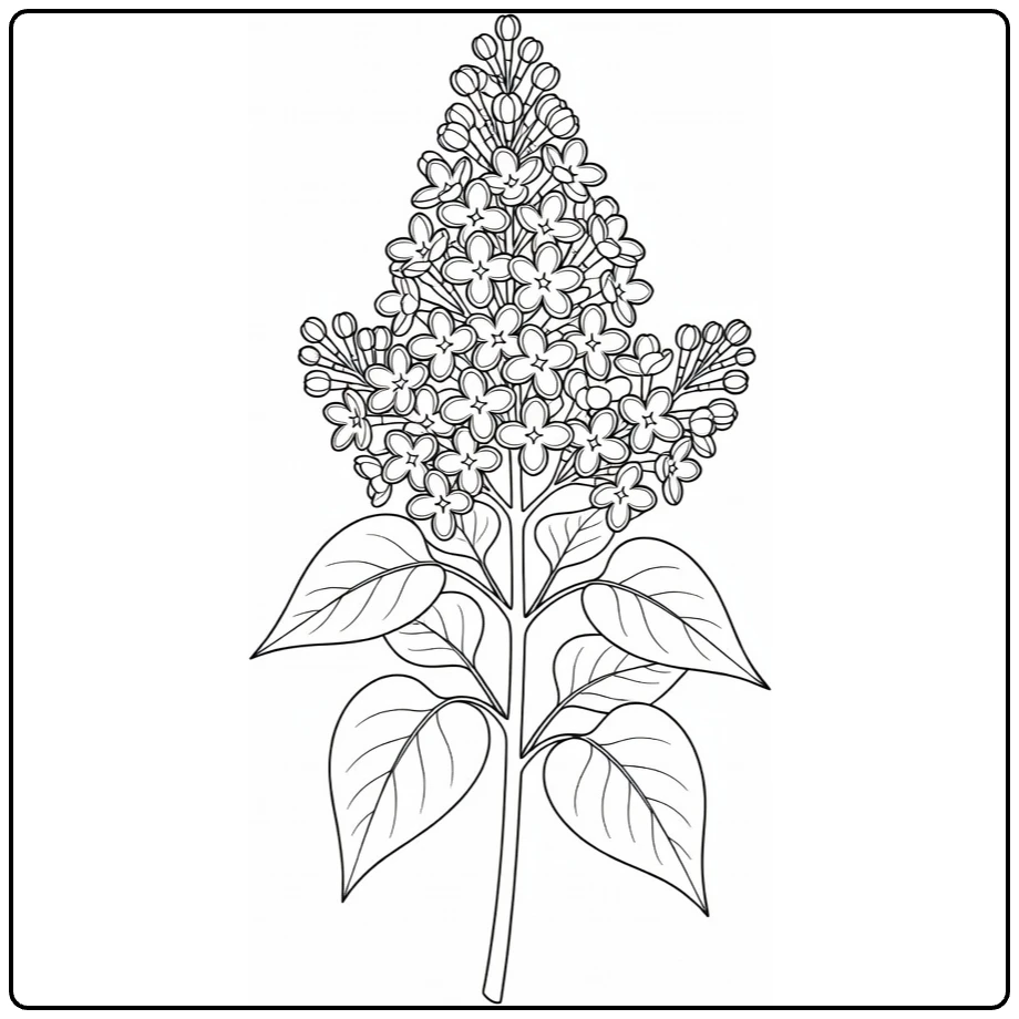 Lilac coloring page showing a botanical flowering branch