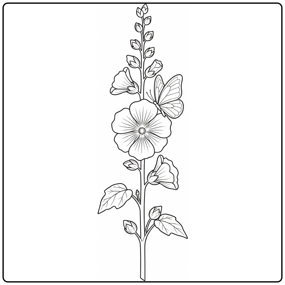 Hollyhock coloring page featuring a butterfly on the flower