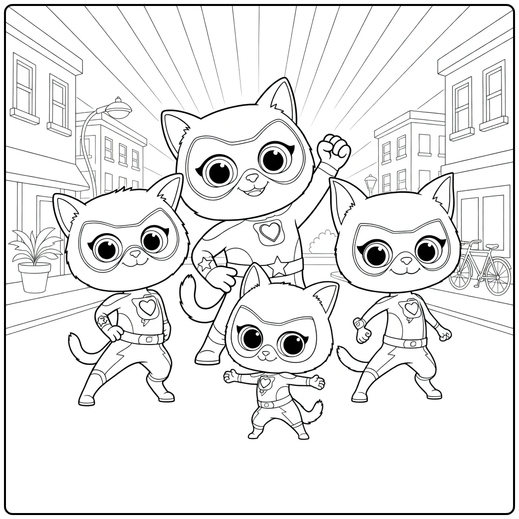 SuperKitties coloring page with four superhero cats