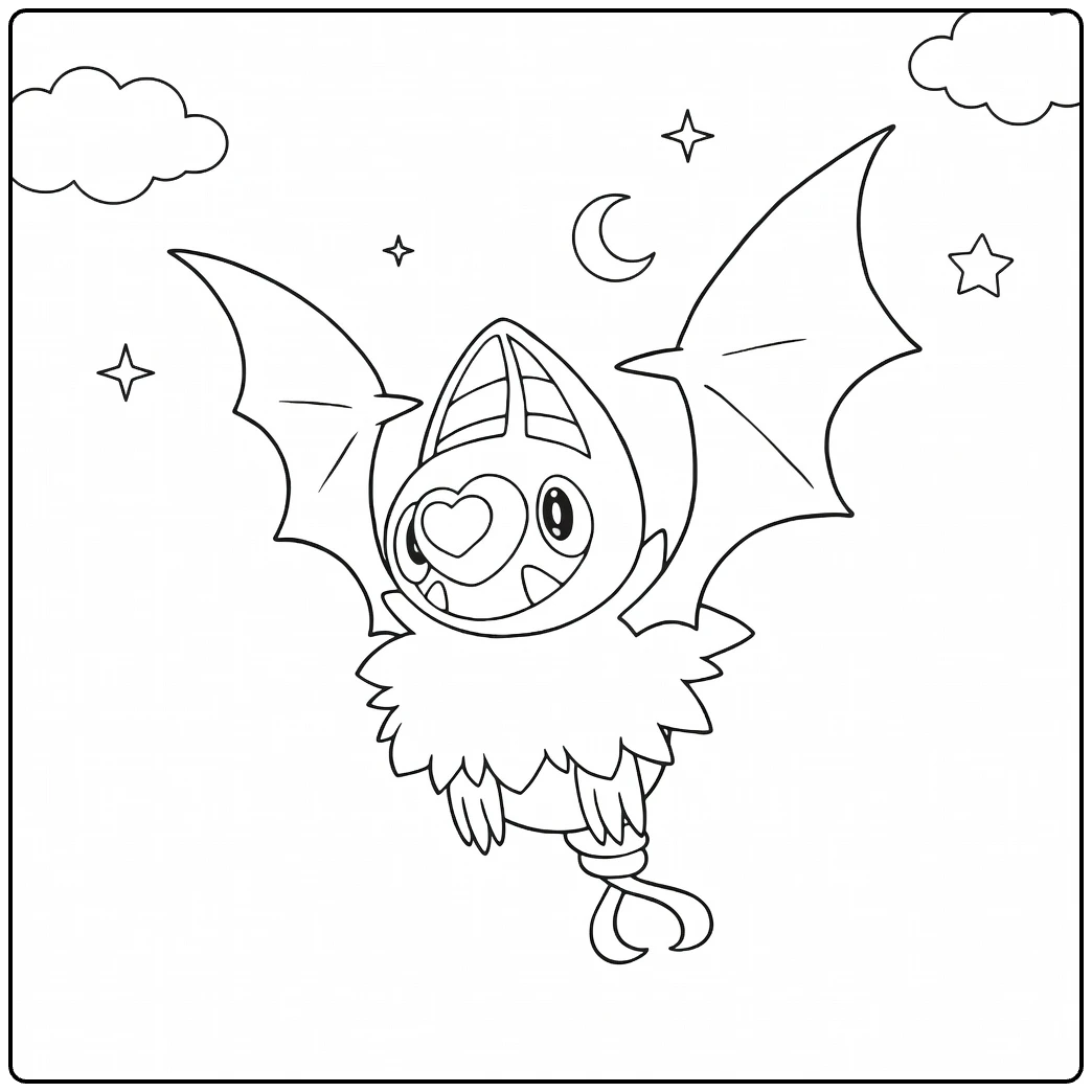 swoobat coloring page vliegend with stars maan and clouds