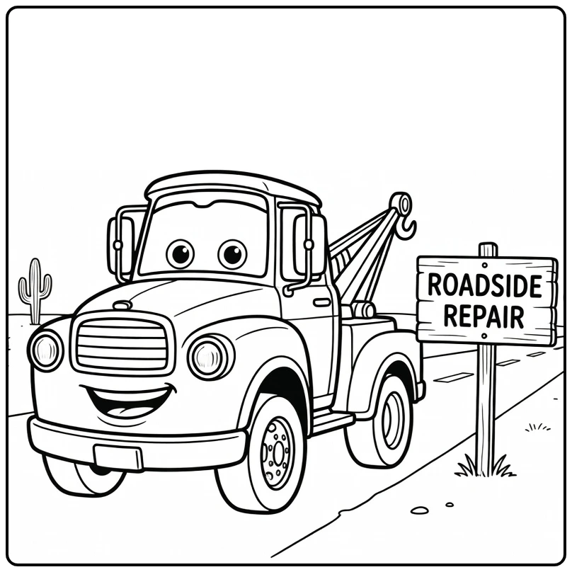 mater Cars Cheerful Disney Tow Truck in Desert coloring page