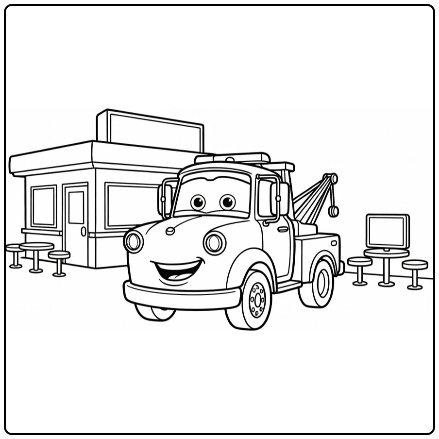 mater Cars Cheerful Tow Truck and Eettentje coloring page