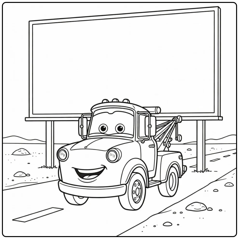 mater Cars Tow Truck with Desert Road and Billboard coloring page