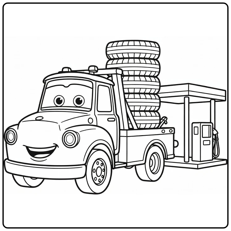 mater Cars Tow Truck with Tires with Tankstation coloring page